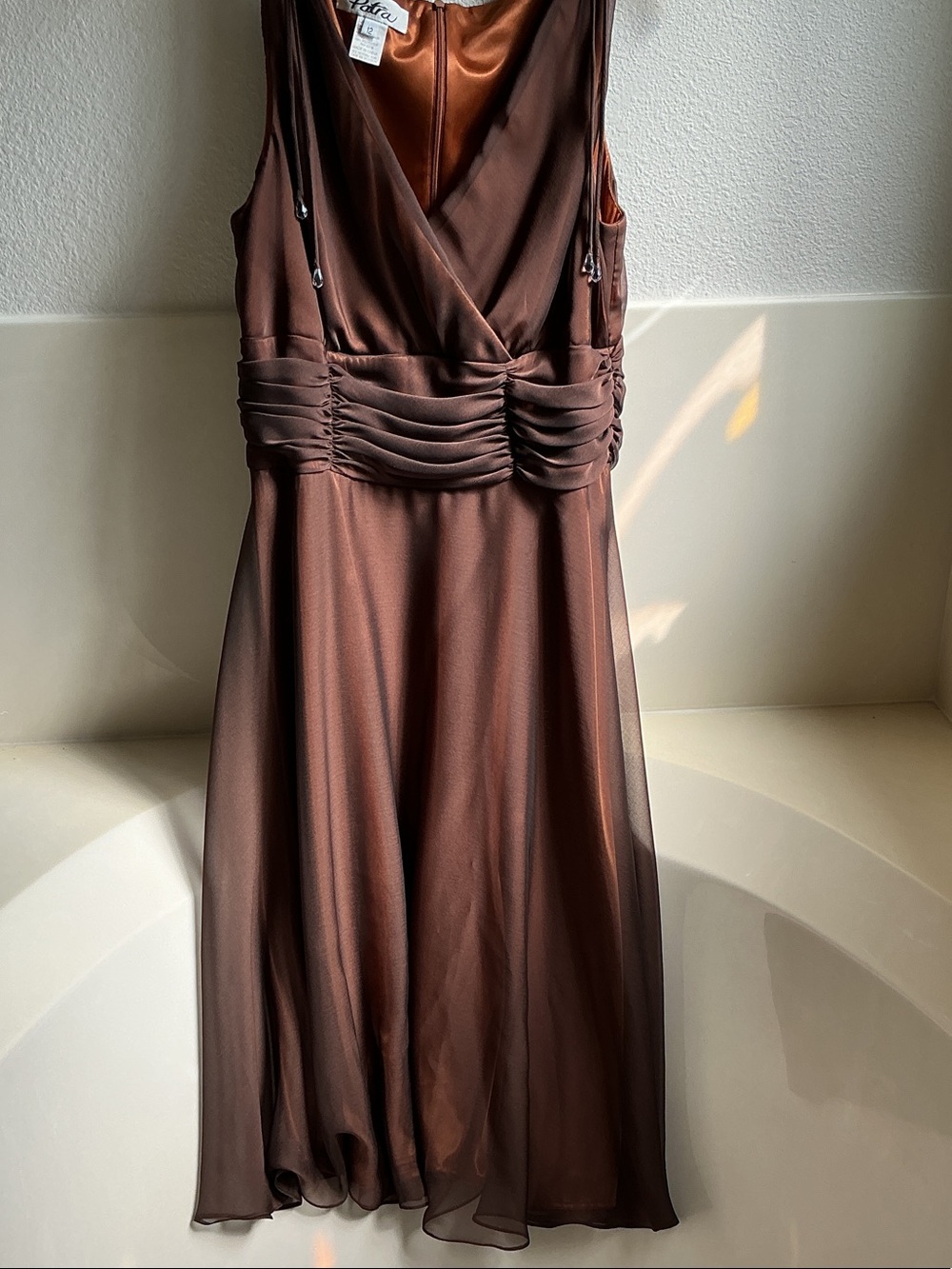 Rafaella Brown Satin V-Neck Ruched Waist Midi Dress